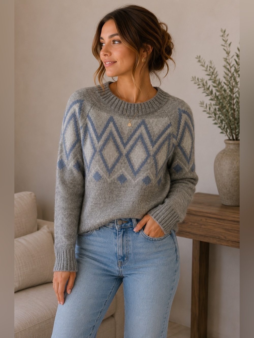 Chiaramente Gray and Blue Scandi Patterned Women's Sweater Size XS Italian Cozy